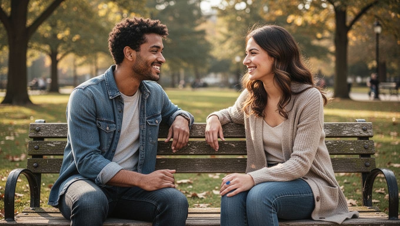 Two friends sit facing each other on a park bench, smiling with relaxed eye contact.