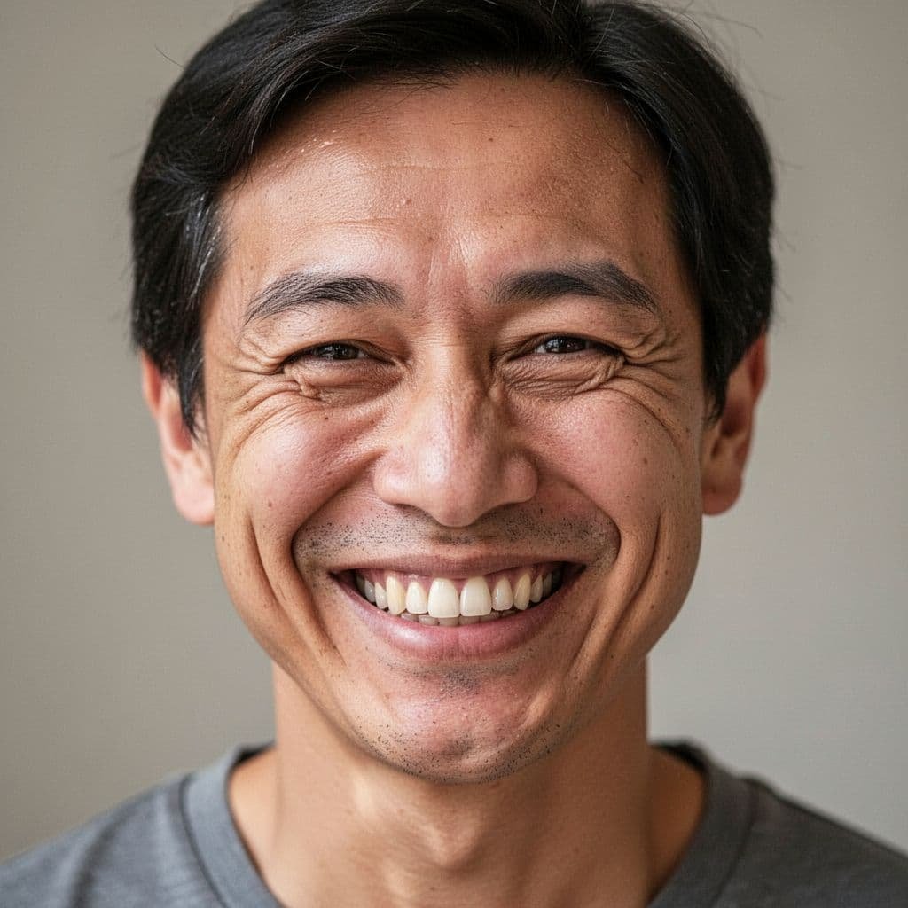 Close-up of a person's relaxed face smiling warmly with crinkled eyes on neutral background.