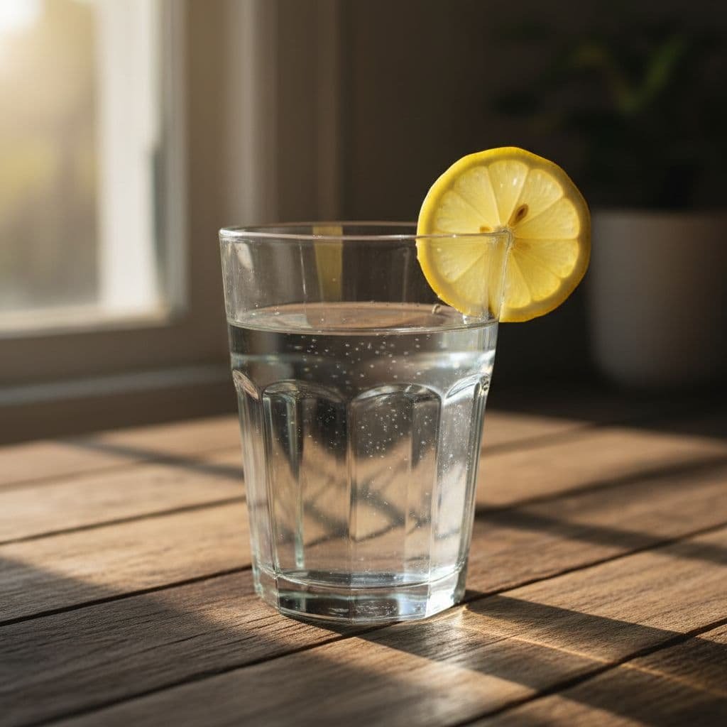 A glass of water with a fresh lemon slice rests on a wooden surface during morning light.