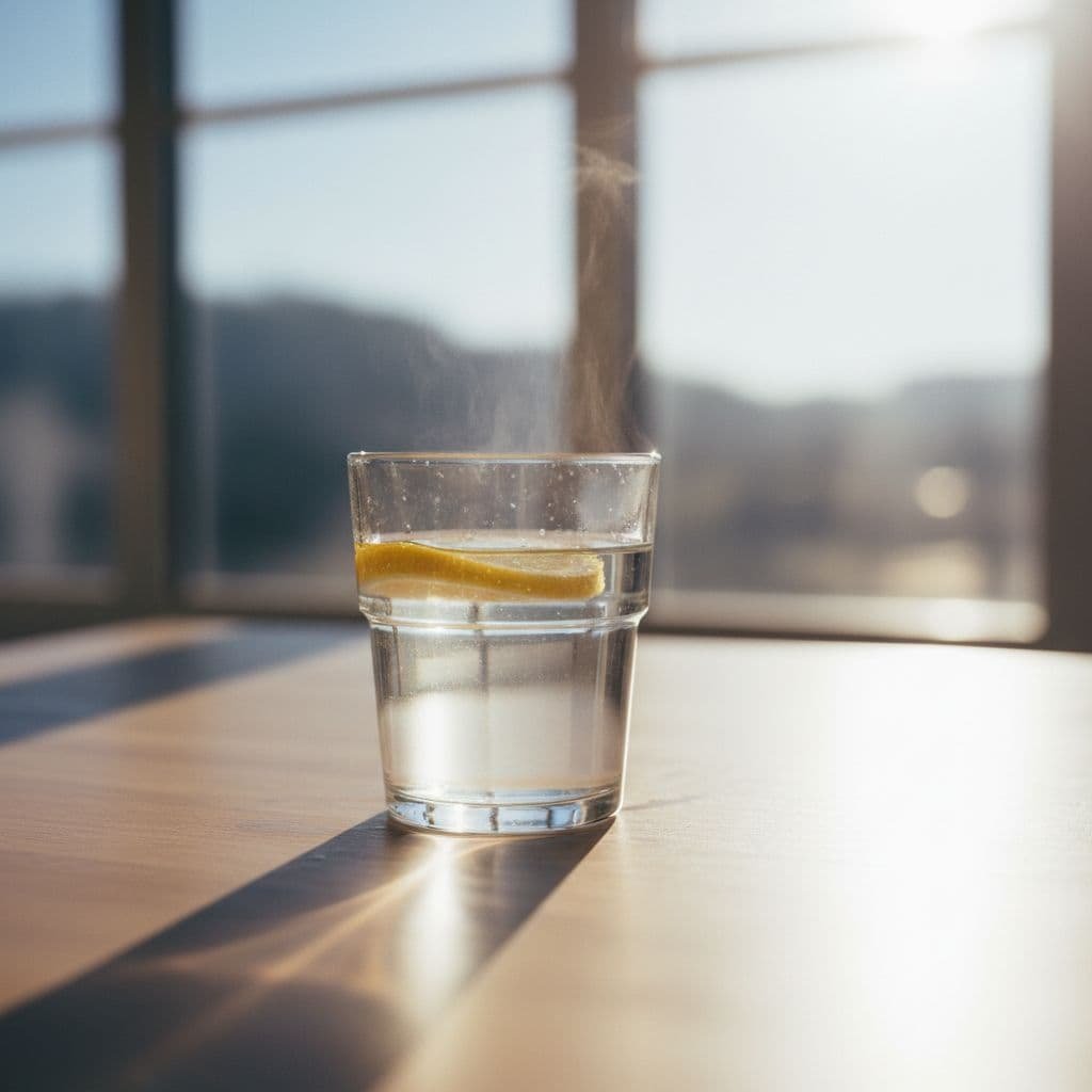 A glass of warm water with a lemon slice sits on a minimalist wooden table in morning sunlight.