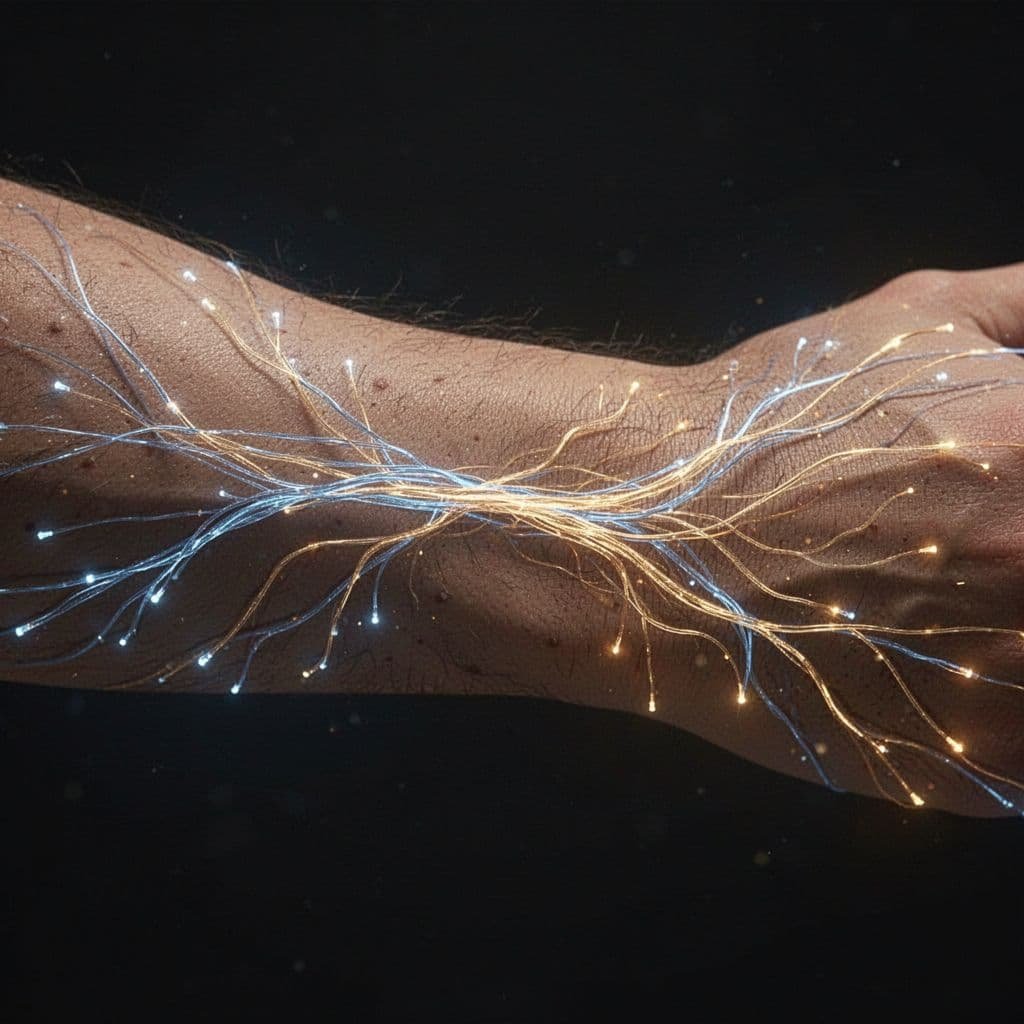 Glowing fiber optic lines representing complex nerve pathways illuminate a human arm against a dark background.