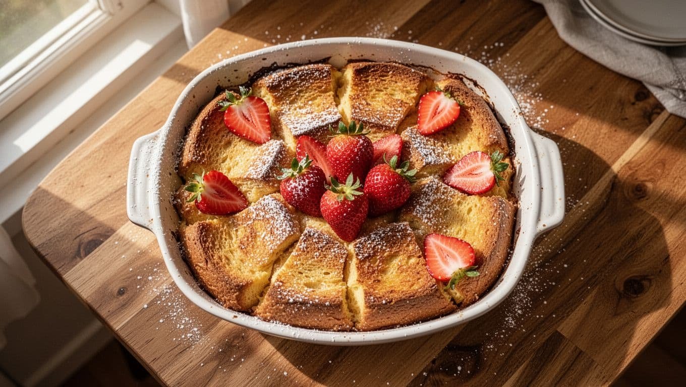 Golden baked French toast casserole in white dish topped with strawberries and powdered sugar on wooden table.