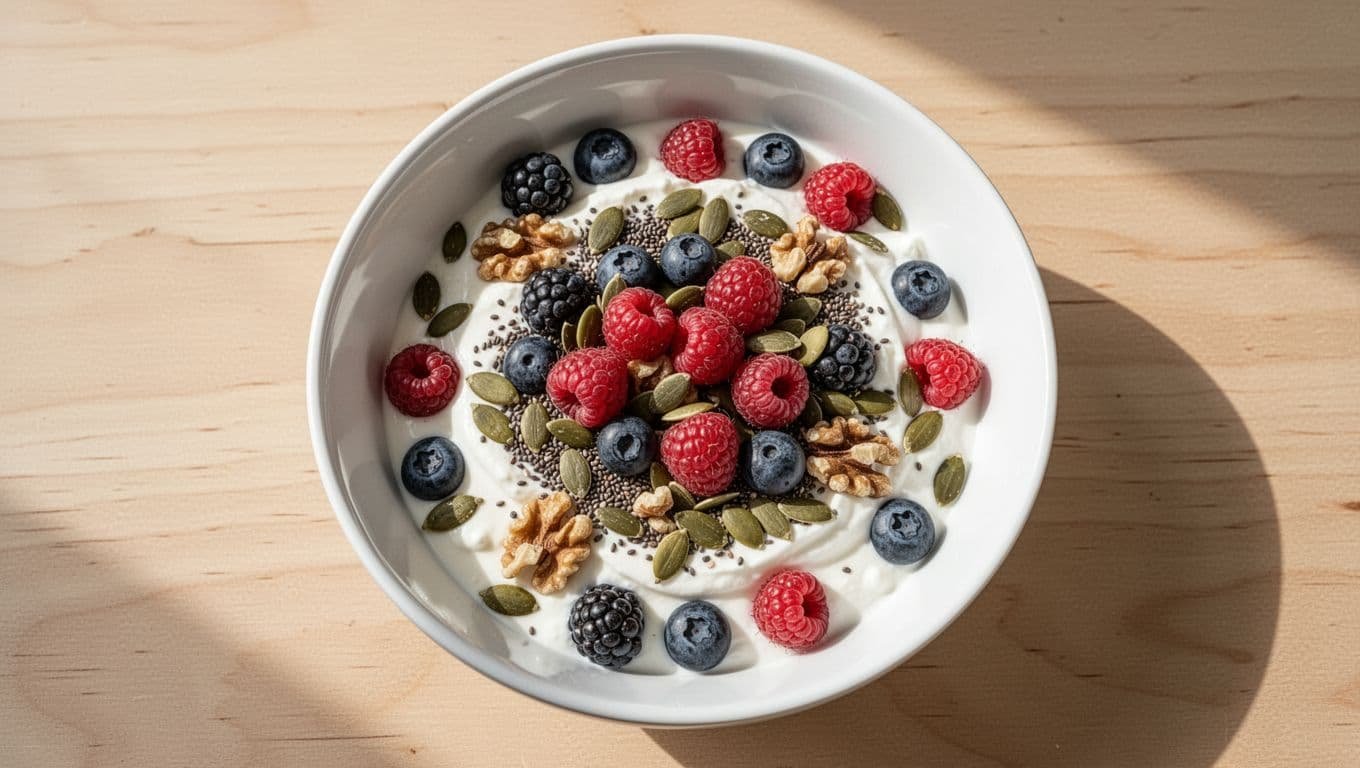 Top view of white bowl with plain Greek yogurt topped by mixed berries, chia seeds, chopped walnuts, and pumpkin seeds on light wooden table.