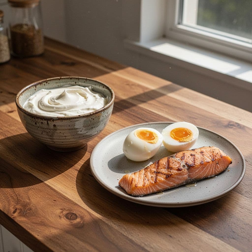 Wooden table with bowl of Greek yogurt, plate of two boiled eggs, and grilled salmon in morning sunlight.