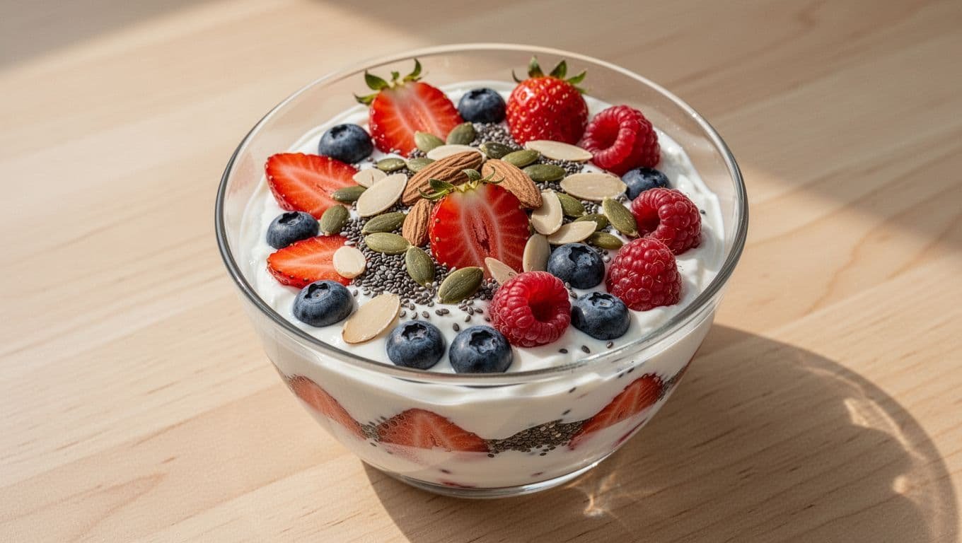 Clear glass bowl of layered thick white yogurt parfait with strawberries, blueberries, raspberries, sliced almonds, pumpkin seeds, and chia seeds on light wooden table.
