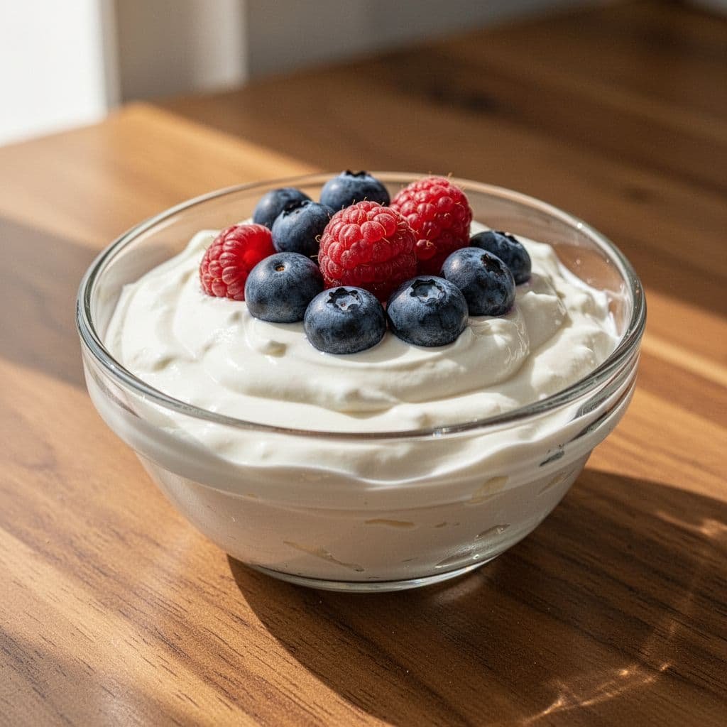 A glass bowl of creamy Greek yogurt topped with fresh blueberries and raspberries on a wooden table.