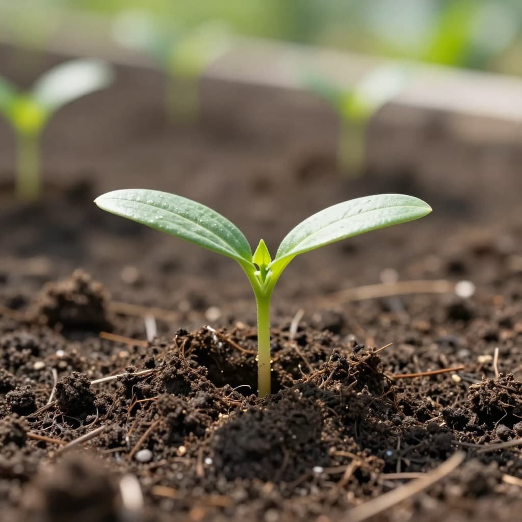 Small green sprout emerges from rich dark soil in sunny garden.