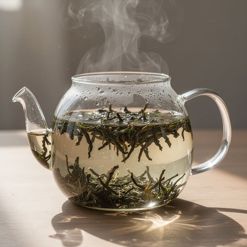 Loose green tea leaves in clear glass teapot with steaming water and sunlight.