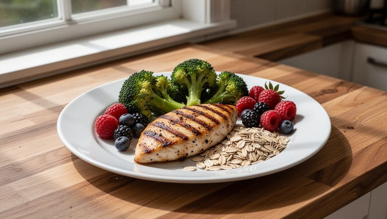 White plate with grilled chicken breast, steamed broccoli, berries, and oats on wooden table.