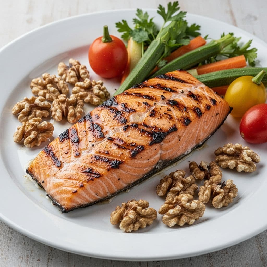 A piece of grilled salmon served with raw walnuts and fresh vegetables on a plate.