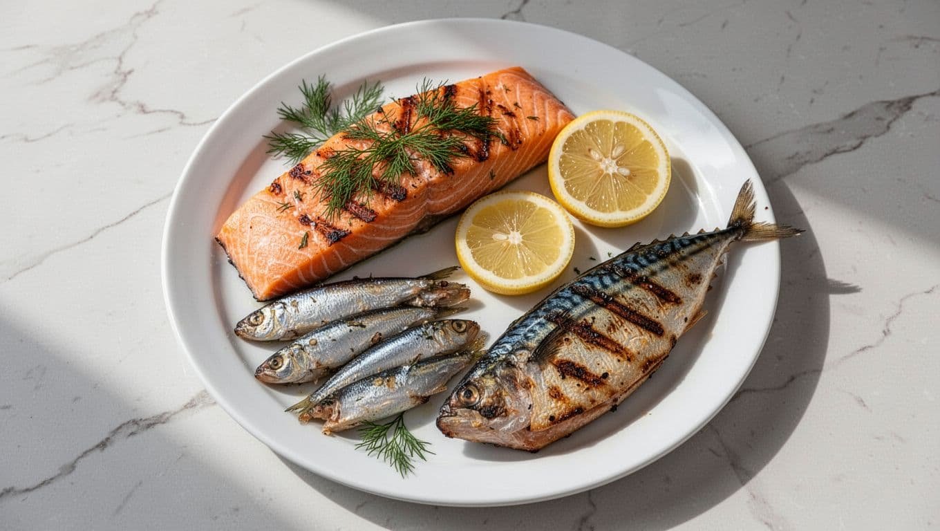 Grilled salmon fillet with dill and lemon on white plate beside canned sardines and grilled mackerel on marble countertop.