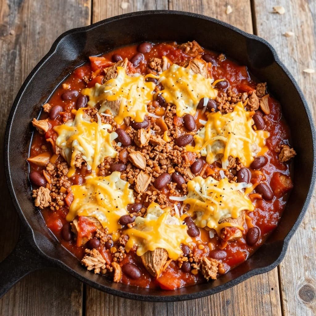 A cast iron skillet filled with ground turkey, beans, melted cheese, and red enchilada sauce sits on wood.