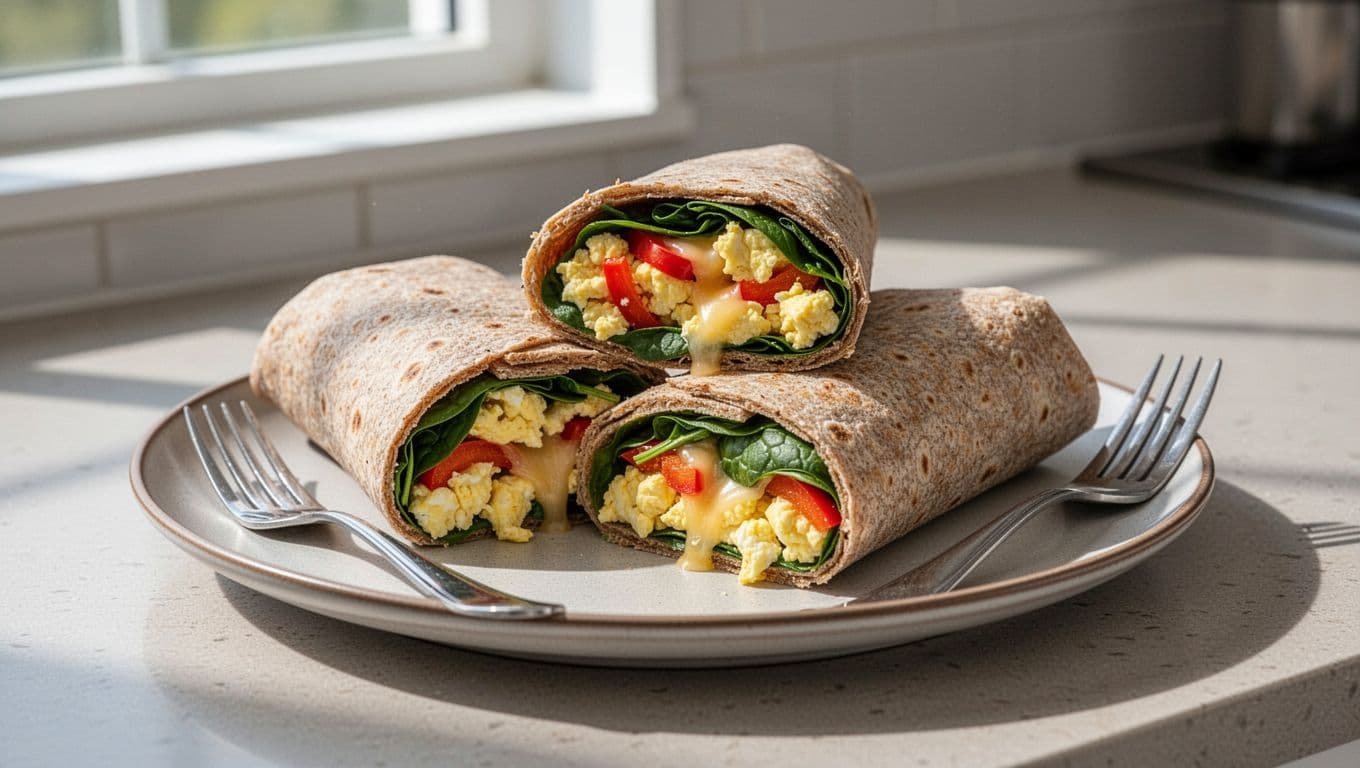 Whole grain wrap cut in half to reveal scrambled eggs, spinach, sliced peppers, and melted cheese on a plate with fork.