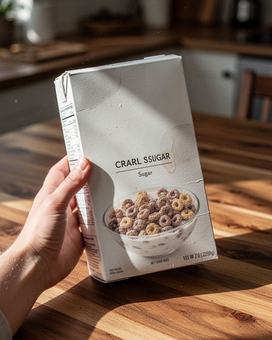 Hand holds angled cereal box nutrition facts panel on wooden kitchen table, blurring ingredients list and sugars.