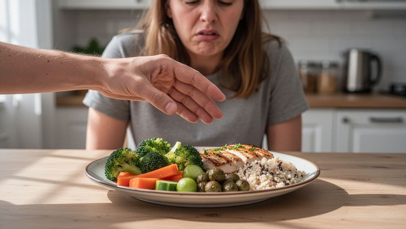 Hand hovers mid-air over plate of vegetables, protein, and grains on kitchen table, blurred person with subtle hunger behind.