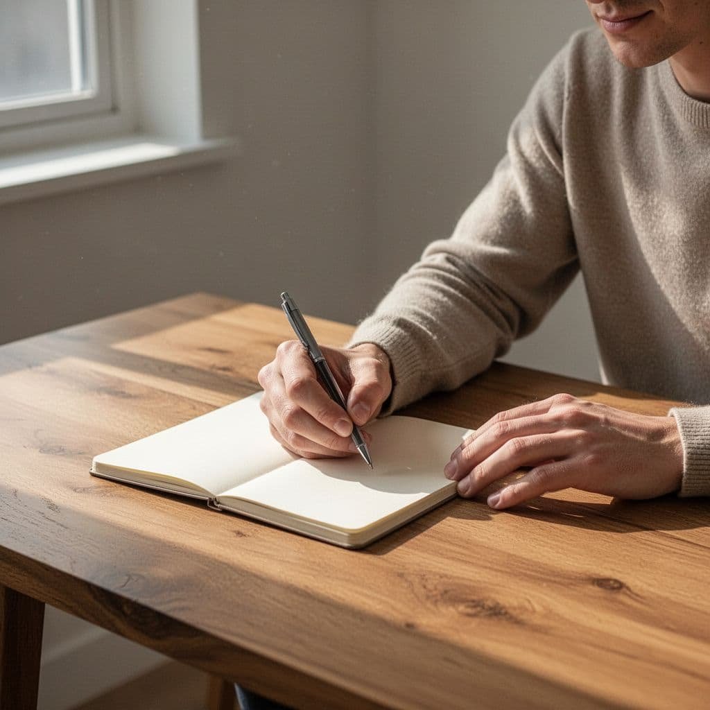 Close-up of a hand writing in a notebook on a table in a sunlit minimalist room.