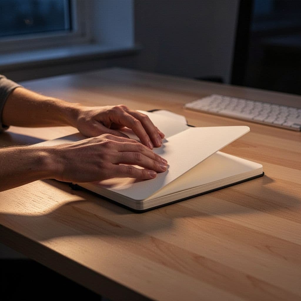 Hands close a notebook on a clean wooden desk at dusk under warm ambient light.