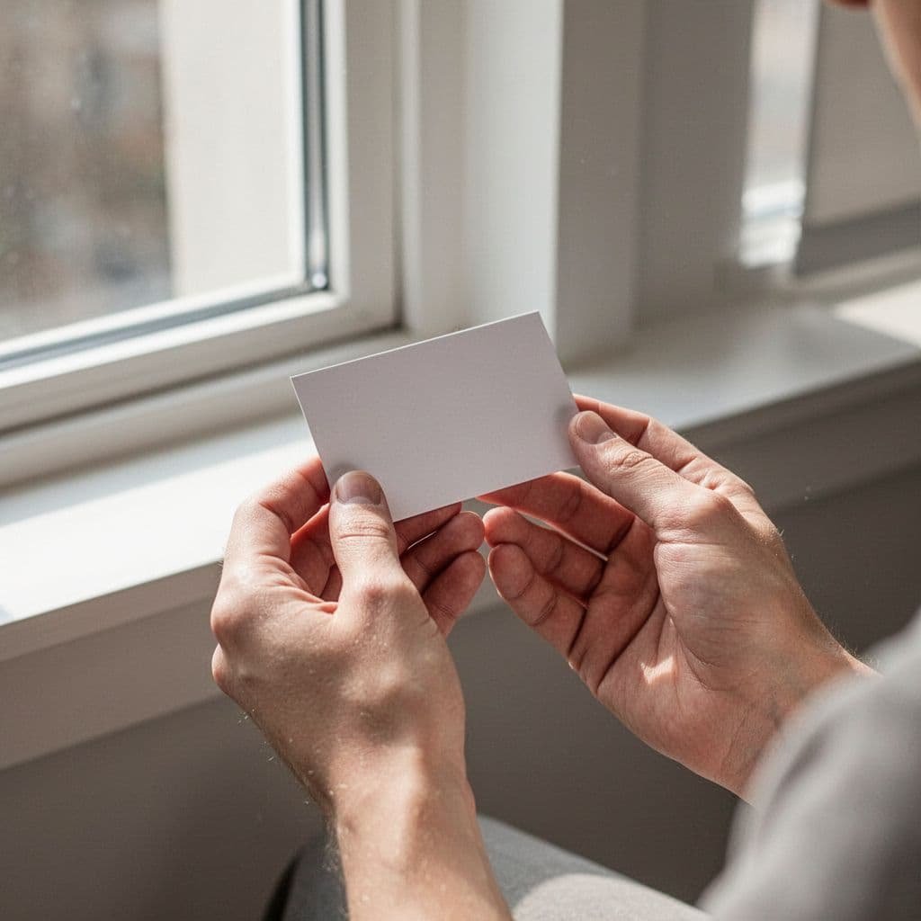 Hands hold a small paper card with a short quote in soft natural light.