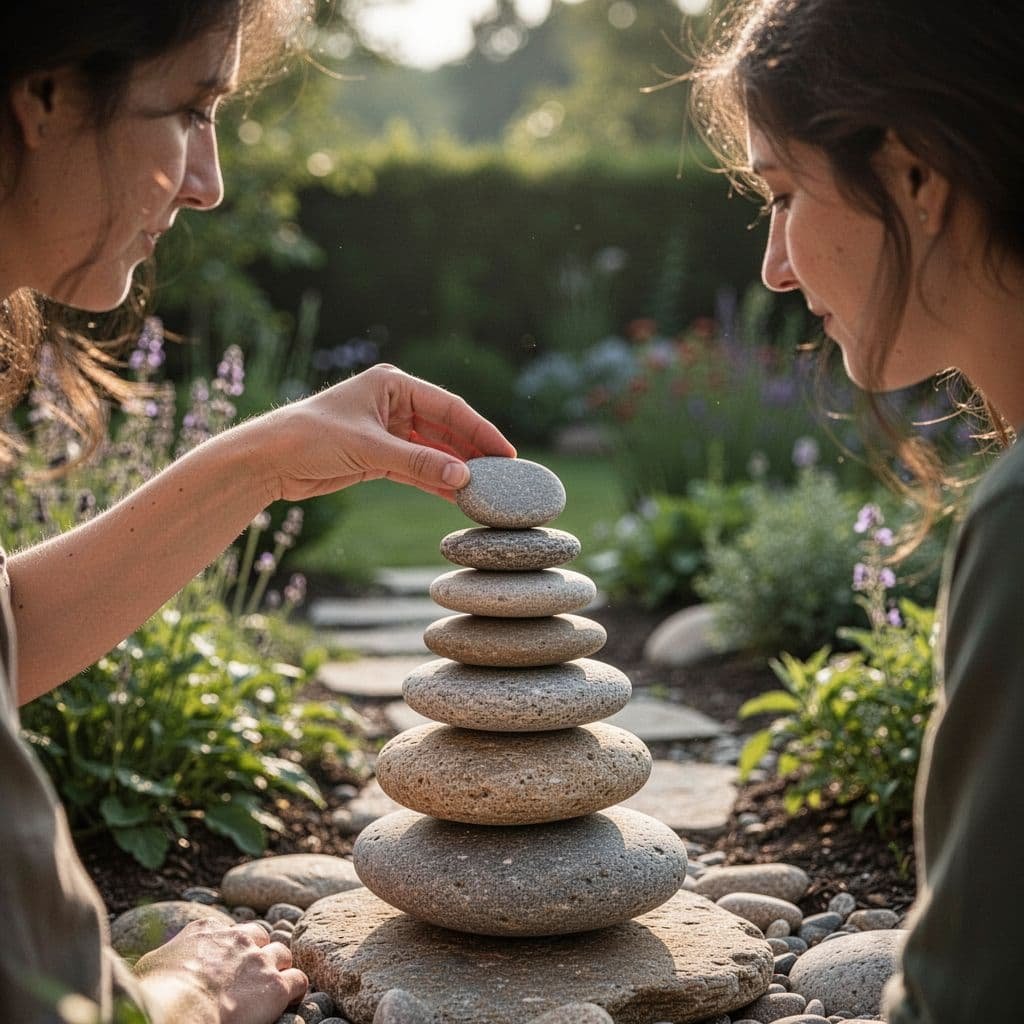 Hands place a small stone atop a neat stack in a sunlit garden.