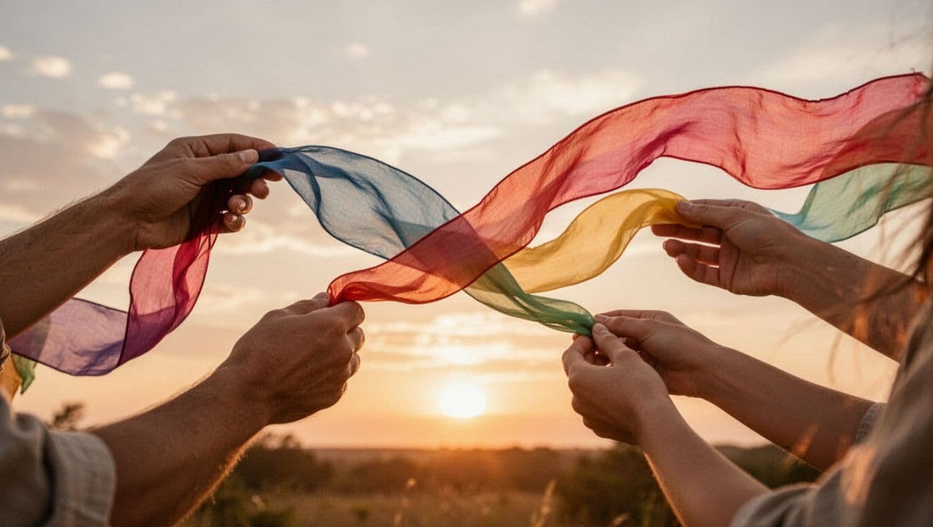 Two hands release a colorful silk ribbon into a soft breeze at golden hour sunset.