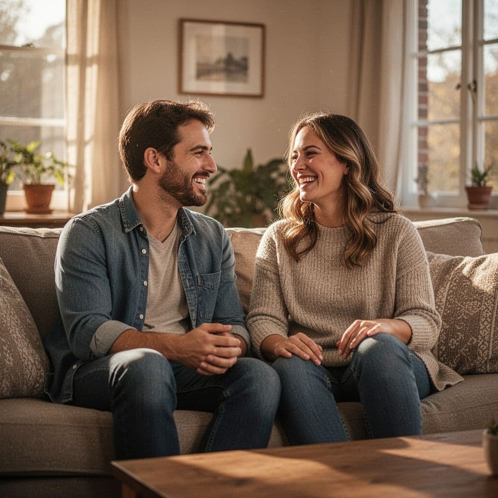 A happy couple sits on a couch in a sunlit living room, engaged in relaxed conversation.