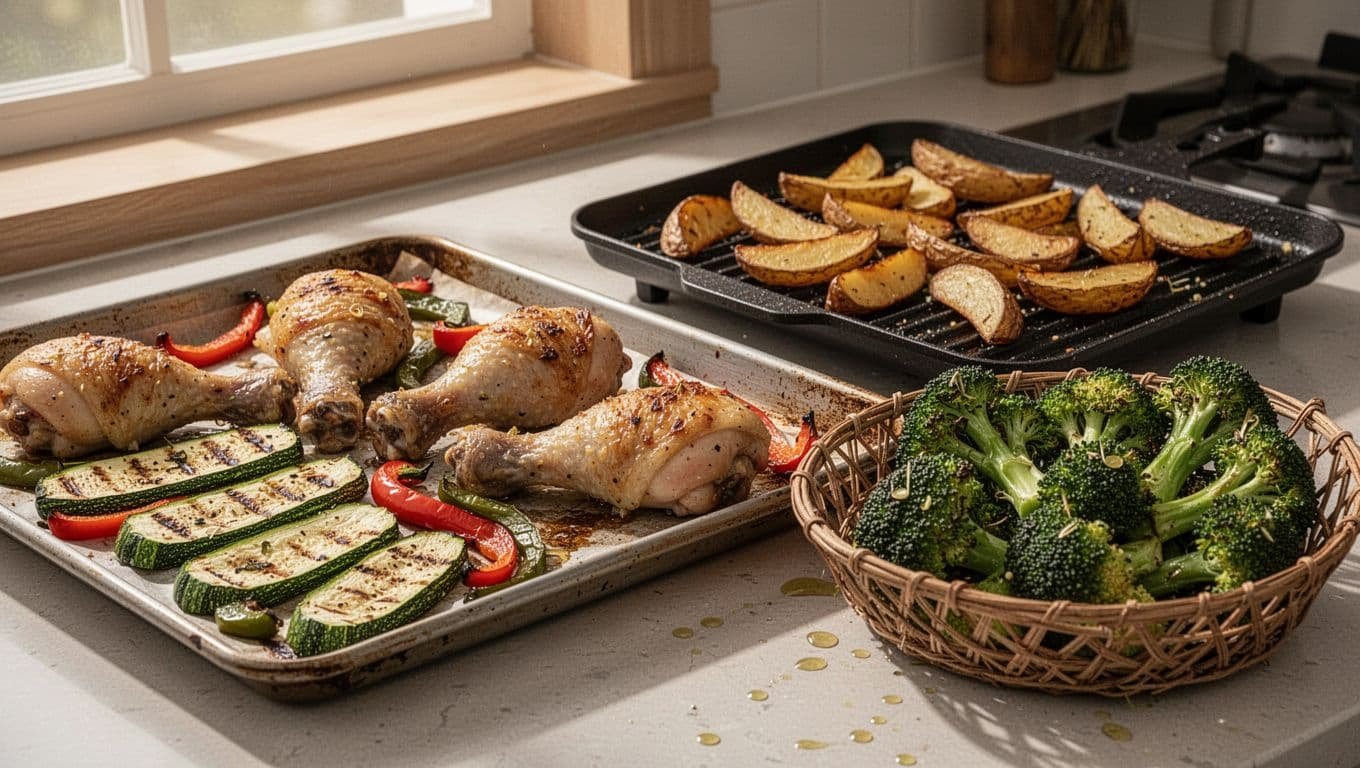 Kitchen counter shows oven-baked chicken drumsticks, grilled zucchini and peppers, air-fried potato wedges, and roasted broccoli.
