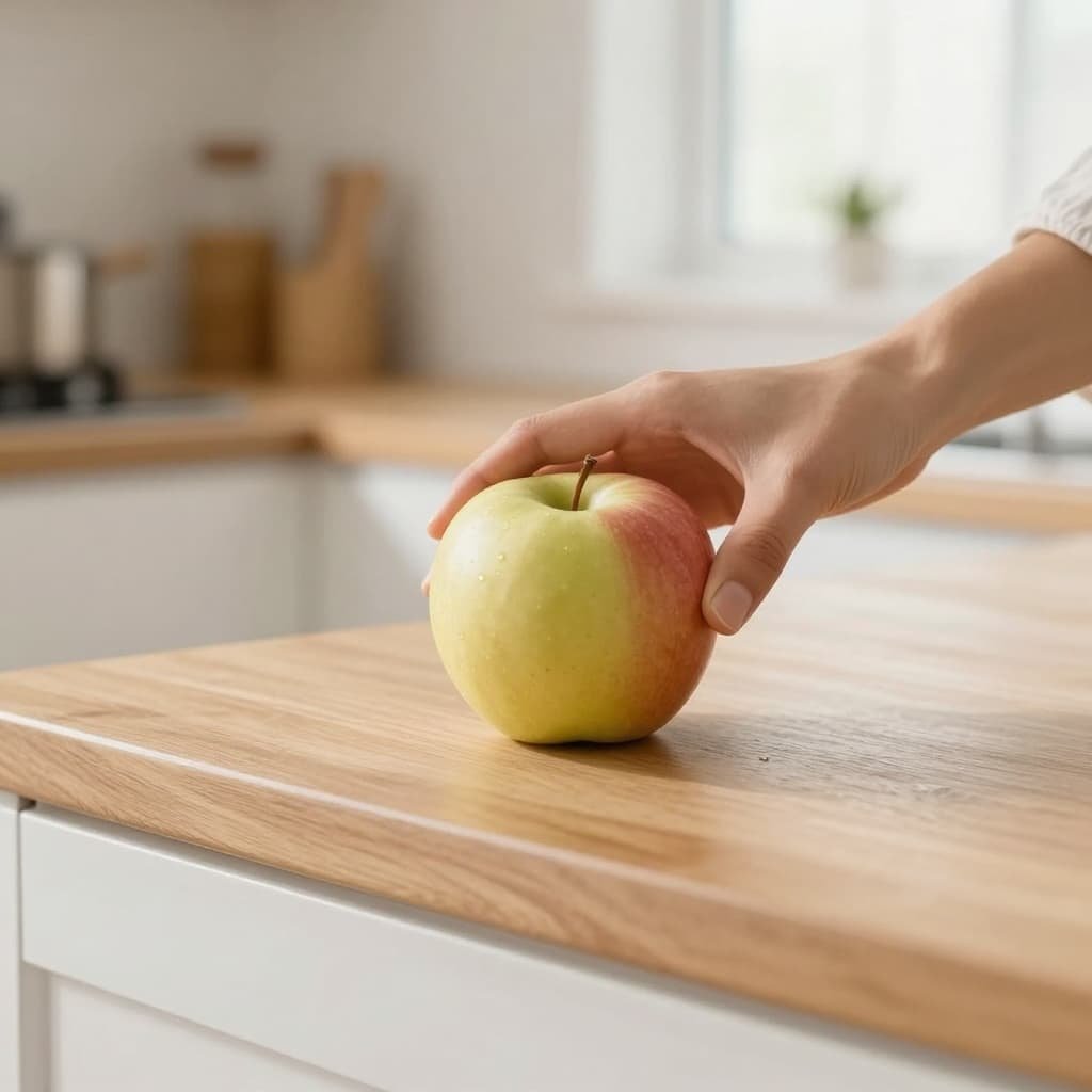 A person places a fresh apple on a wooden counter in a bright kitchen.