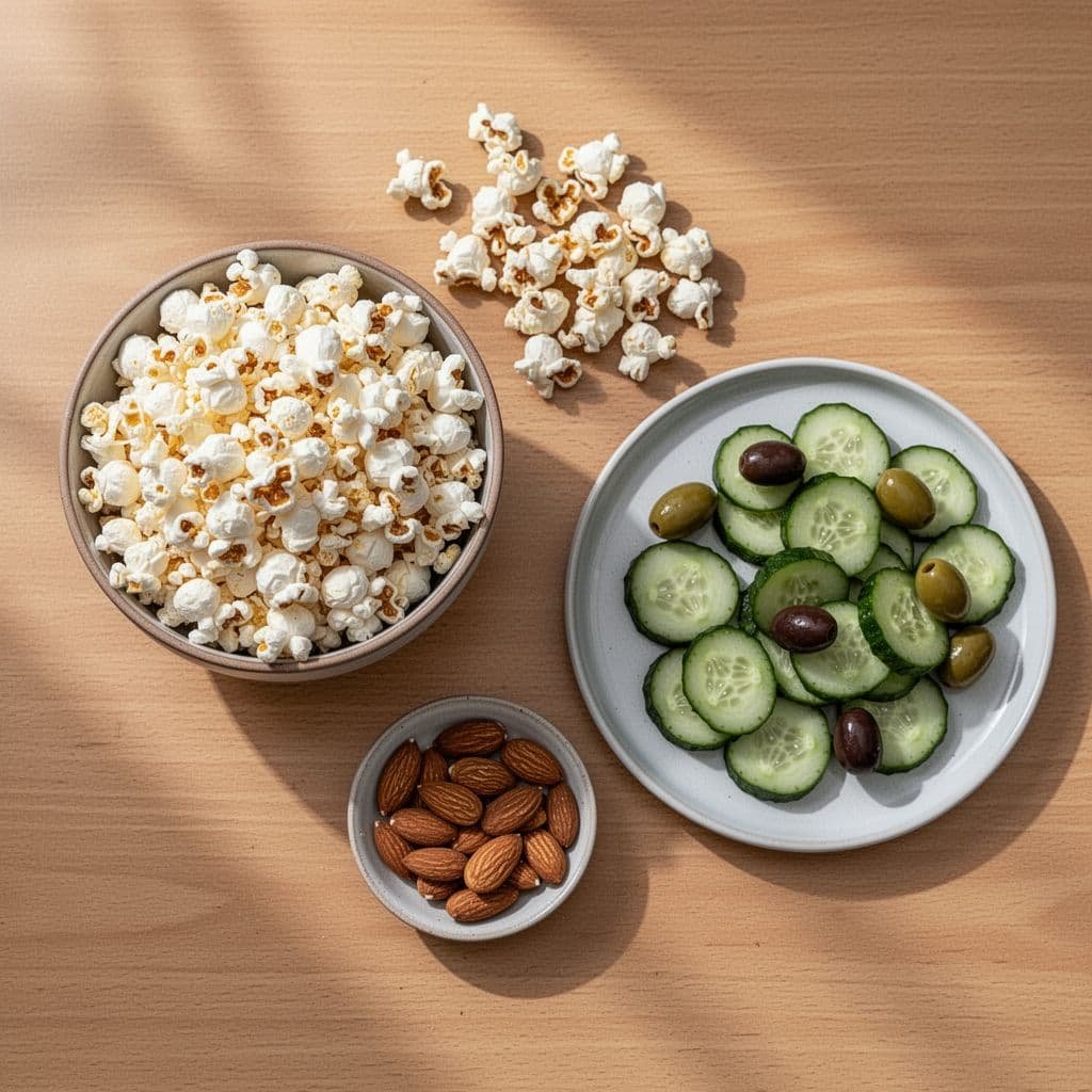 A top-down view of popcorn, almonds, cucumber slices, and olives arranged on a wooden table.