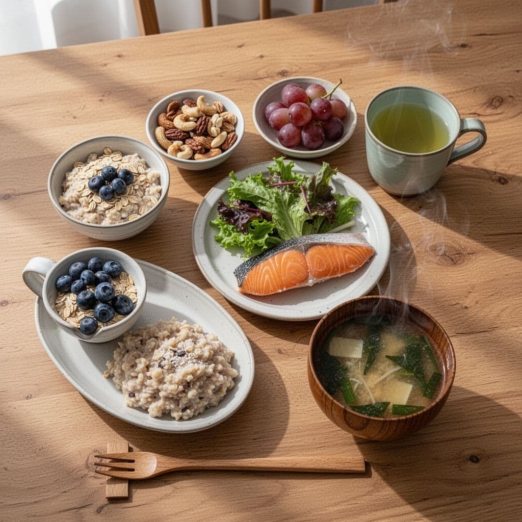 Top-down view of wooden table with oatmeal and blueberries, salmon salad, nuts and grapes, miso soup, and green tea.