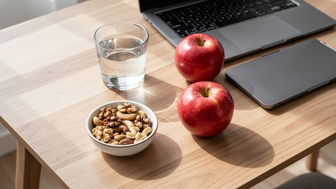 Top-down view of wooden desk with bowl of mixed nuts, glass of water, fresh apple, and closed laptop.