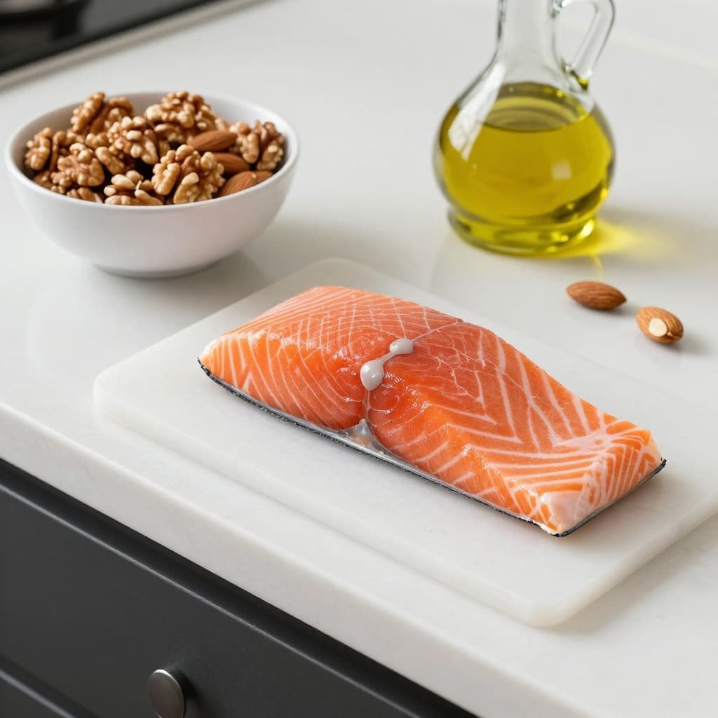 Fresh salmon fillets, bowl of raw walnuts and almonds, and olive oil bottle on kitchen counter.