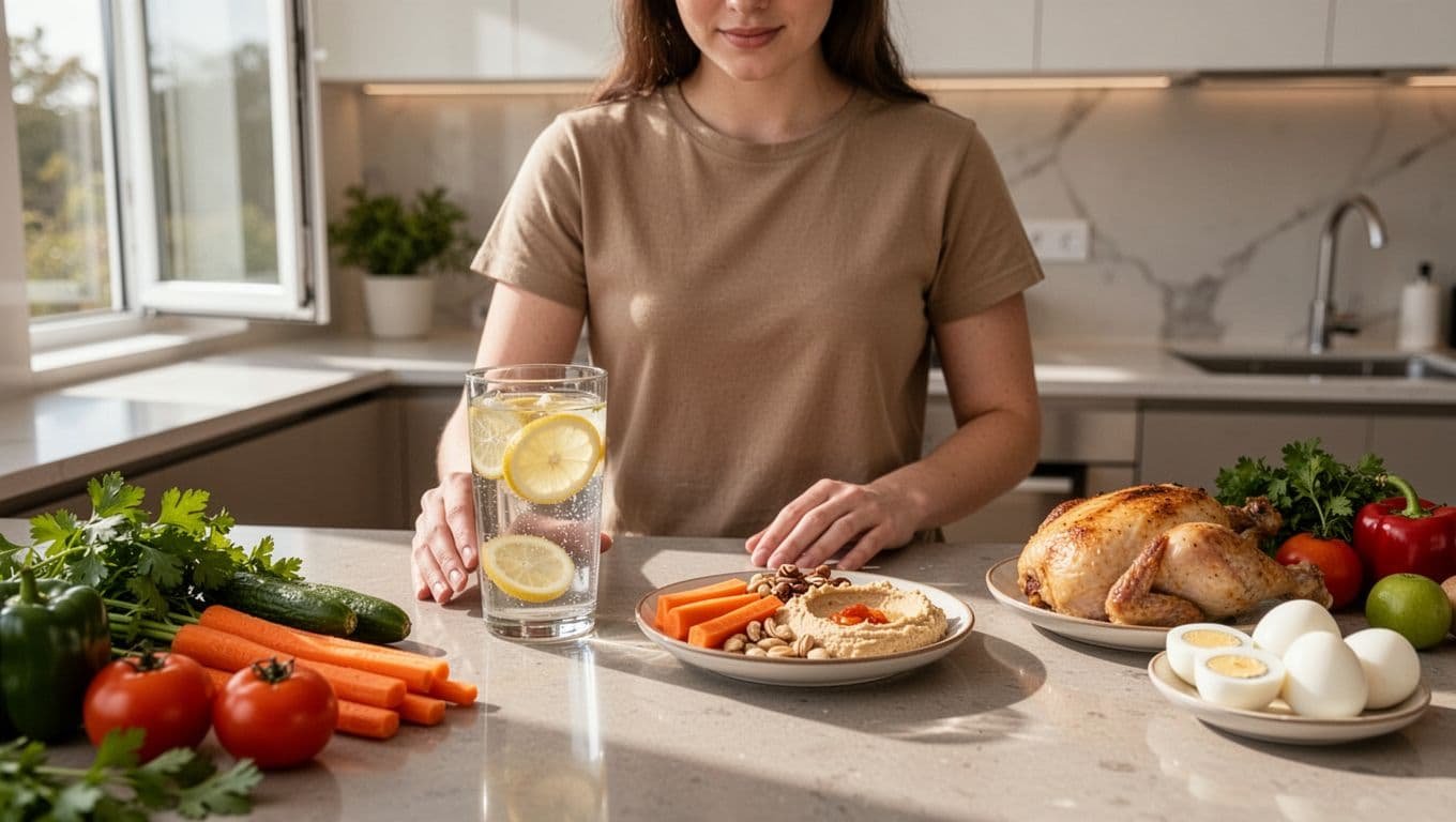Young adult in modern kitchen swaps soda for lemon-infused water and chips for carrot sticks, nuts, and hummus with nearby veggies and lean protein.