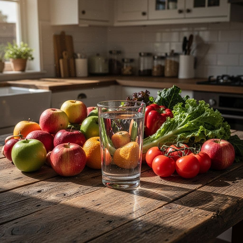A vibrant assortment of fresh produce and a glass of water sits on a rustic table.