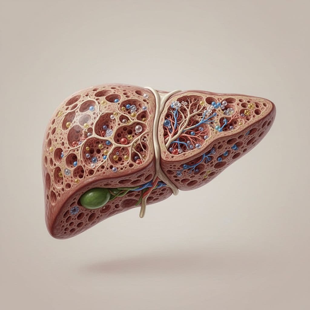 Abstract artistic healthy human liver centered as complex biological filter on neutral background.