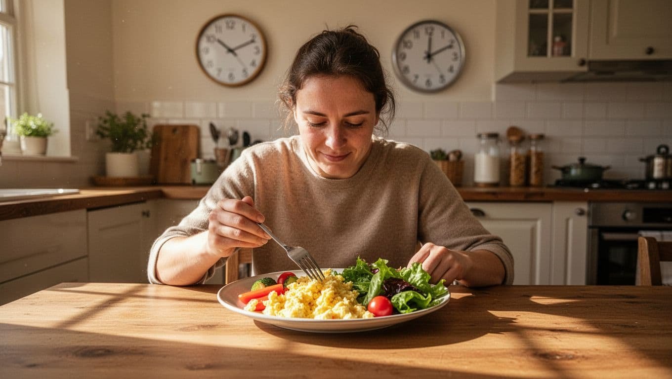 Person eats eggs, vegetables, and salad at cozy kitchen table, noon clock in background.