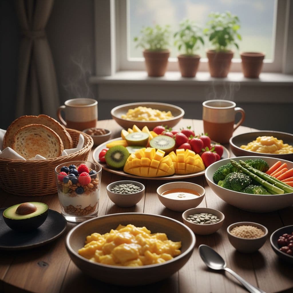 A table displays a balanced variety of fresh eggs, colorful fruits, grains, yogurt, and steamed vegetables.