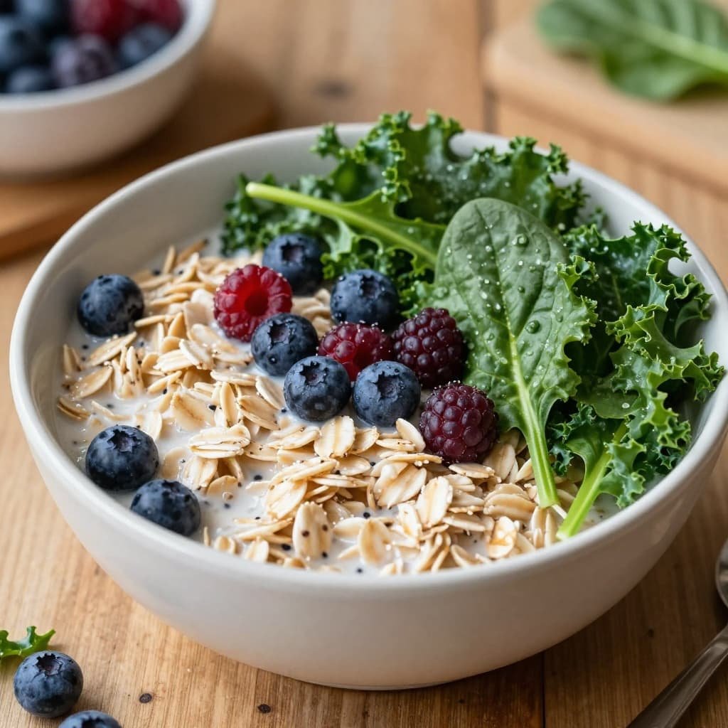 Close-up of steel-cut oats topped with berries, surrounded by spinach and kale on wooden table.