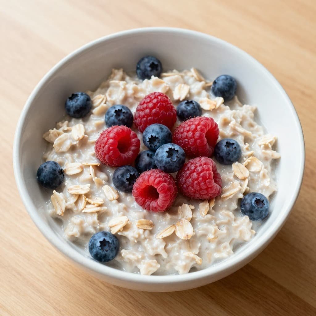 A top-down view shows a bowl of oatmeal topped with fresh raspberries and blueberries on a wooden table.