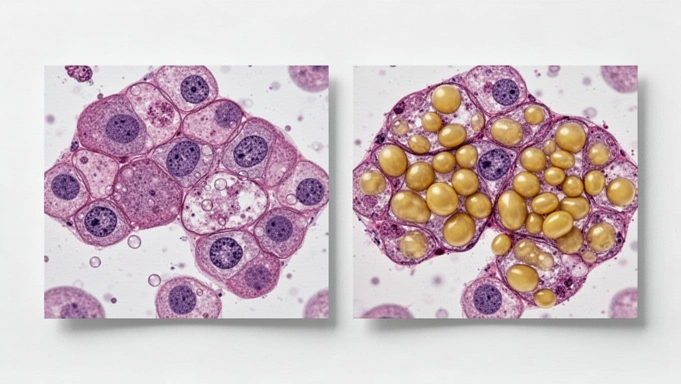 Left panel shows healthy liver cells with normal nuclei and minimal fat droplets; right panel shows hepatocytes crowded with large yellow fat droplets.