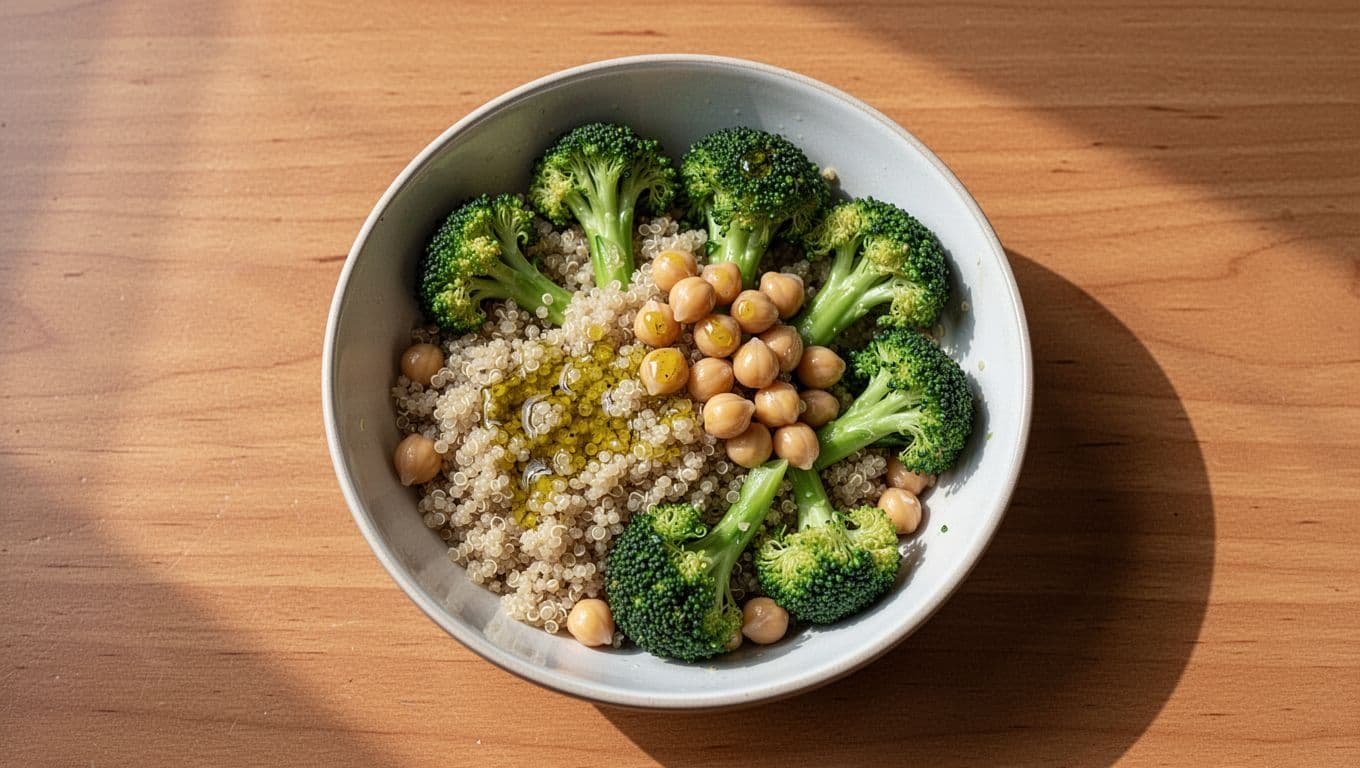 Top-down view of bowl with quinoa, steamed broccoli, chickpeas, olive oil dressing on wooden table.