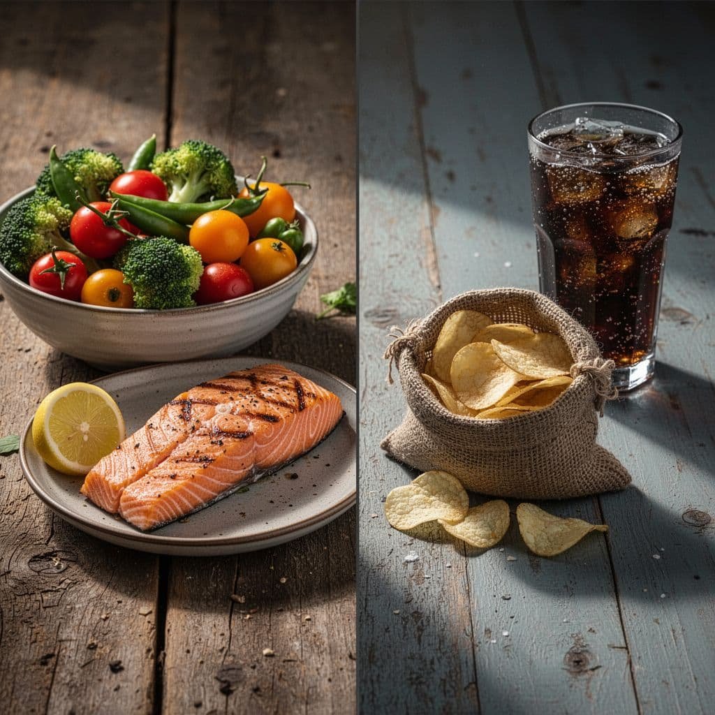 A wooden table splits fresh salmon and vegetables from processed potato chips and sugary soda.