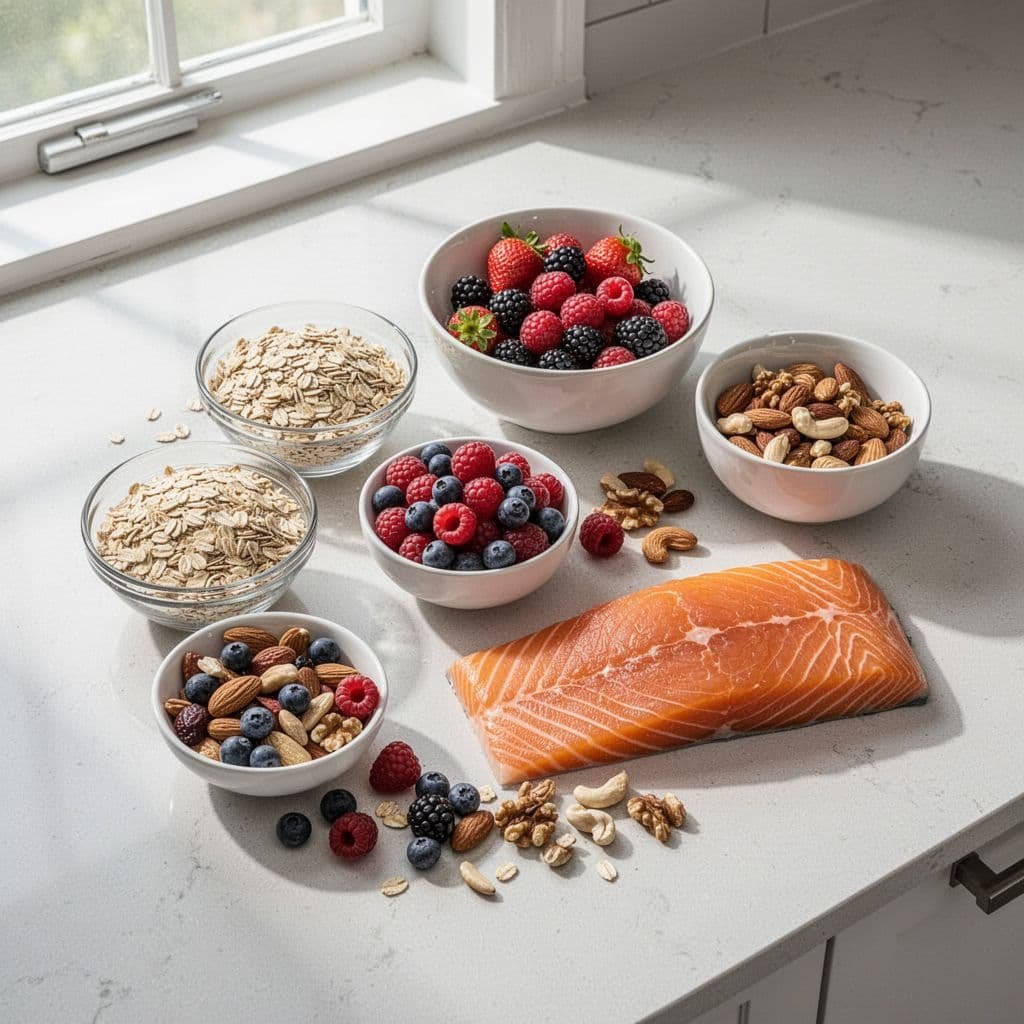 Clean kitchen counter with neatly arranged oats, berries, nuts, and salmon.