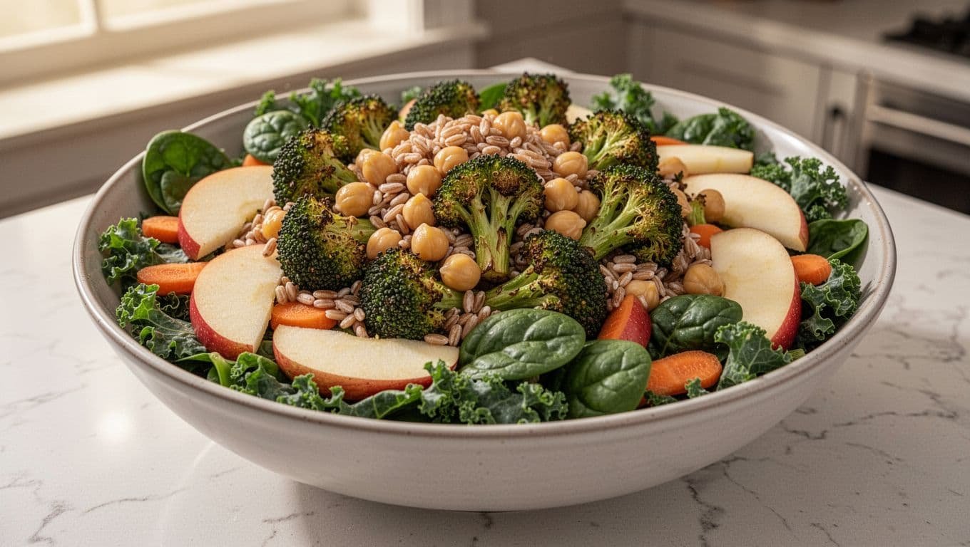 Large bowl on kitchen counter piled with roasted broccoli, chickpeas, farro, kale, spinach, sliced apples, and carrots.