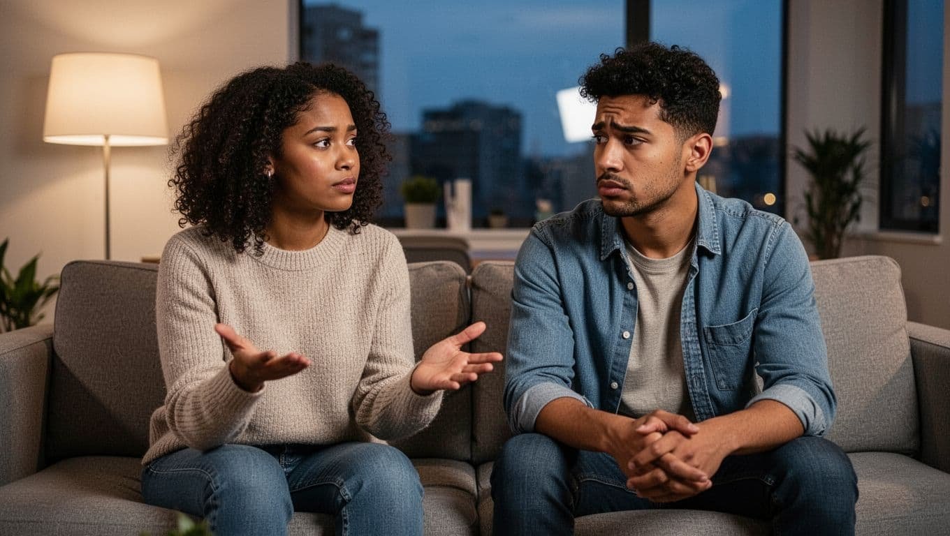 Diverse young couple sits on couch in evening light; woman gestures openly, man avoids eye contact.