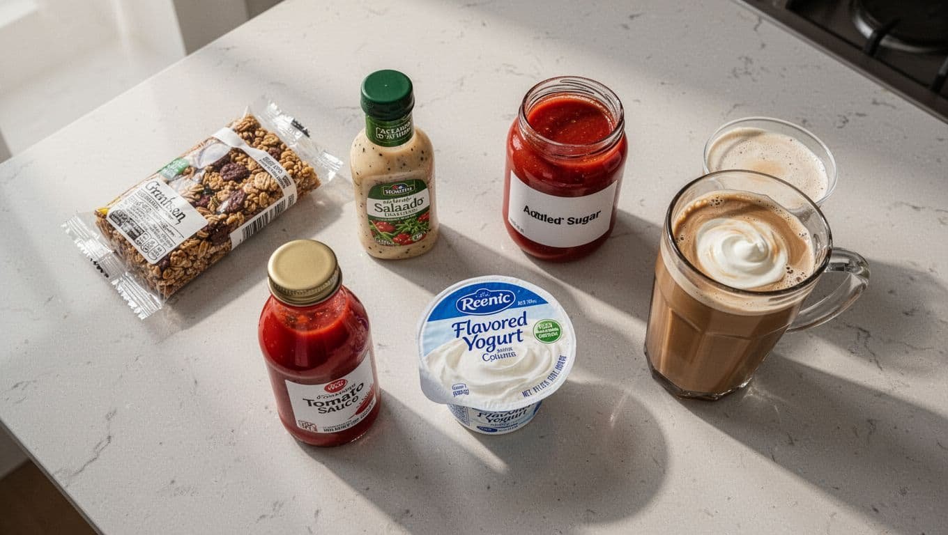 Top-down view of kitchen counter with opened granola bar, salad dressing bottle, tomato sauce jar, yogurt cup, and coffee drink.