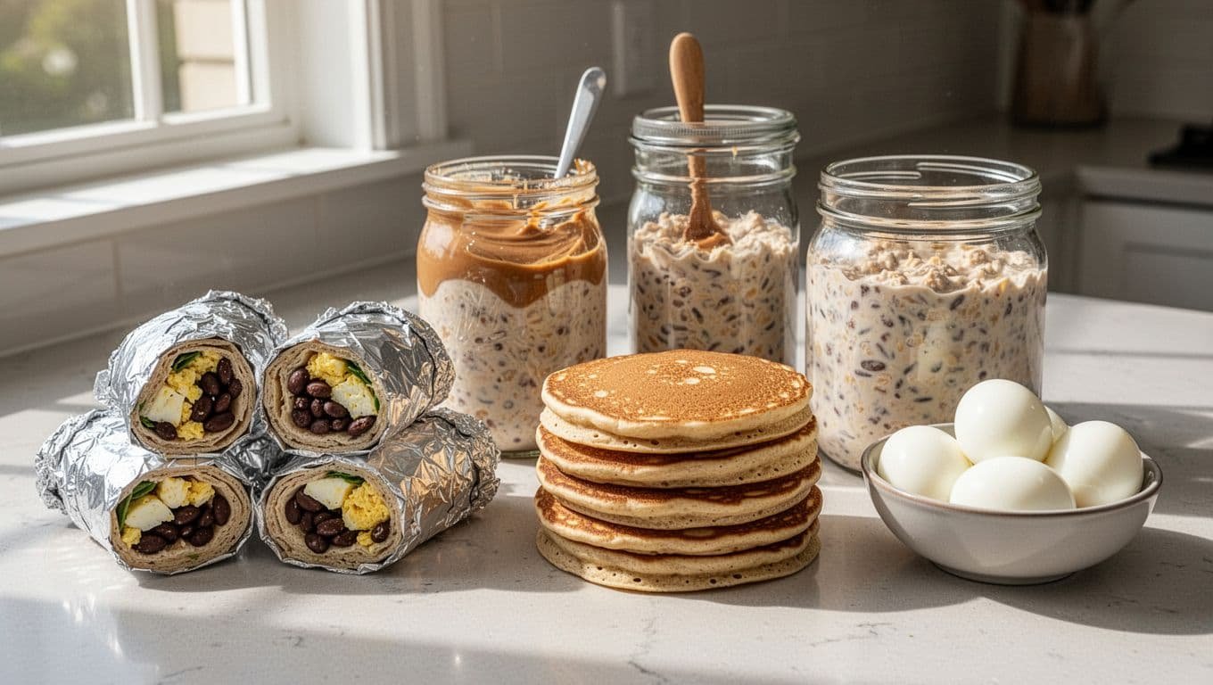 Containers on kitchen counter with foil-wrapped burritos, overnight oats jars, protein pancakes stack, and peeled eggs bowl.