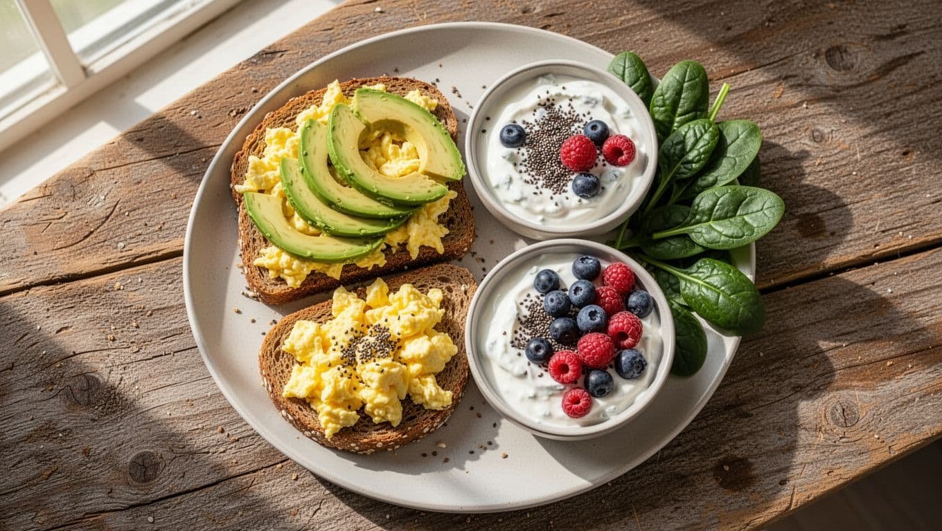 Top-down view of plate with scrambled eggs, avocado toast on whole grain bread, Greek yogurt topped with chia seeds and berries, and fresh spinach.