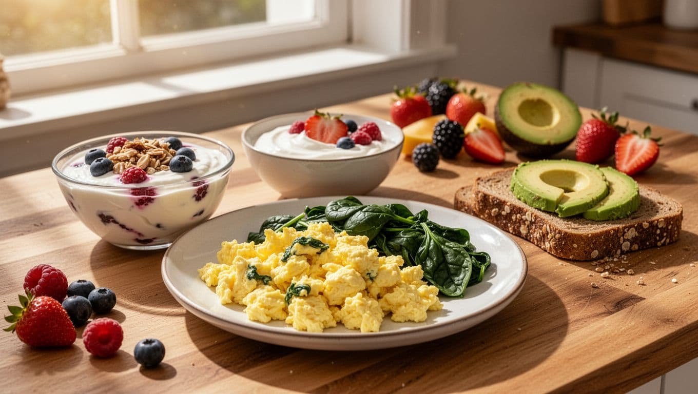 Scrambled eggs with spinach, Greek yogurt topped with berries and nuts, avocado on whole grain toast, and fresh fruits on a sunlit kitchen table.