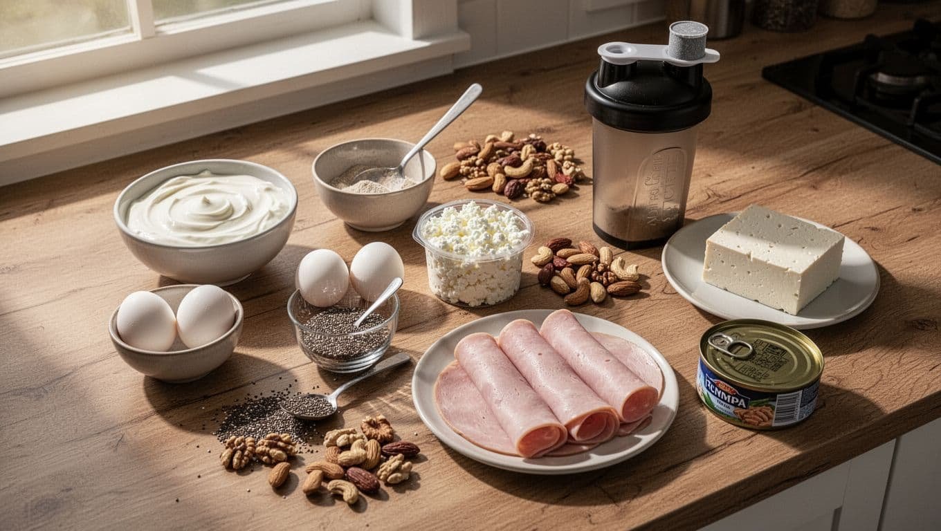 Neatly arranged yogurt, eggs, cottage cheese, chia seeds, nuts, protein powder, turkey slices, tofu, and tuna on wooden counter in morning sunlight.