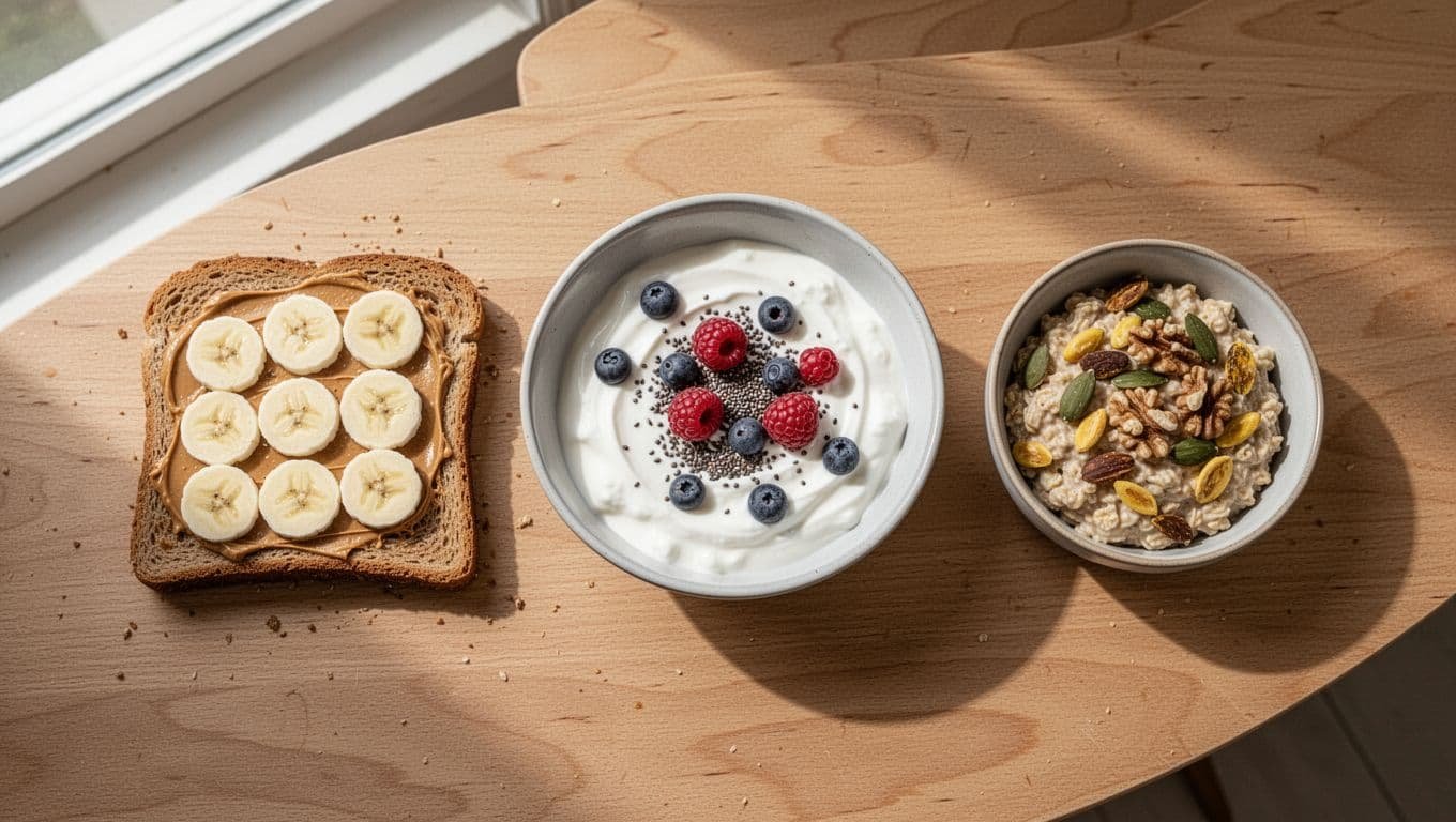 Top-down view on wooden table of peanut butter banana toast, berry chia yogurt, and nut seed oatmeal.